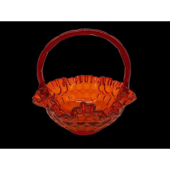 Fenton VTG Red Orange Amberina Thumbprint Glass Basket Ruffled Edge Grandmacore - Picture 2 of 16